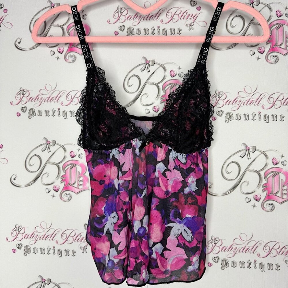 Bcbg tank top crop floral mesh black pink purple white logo straps sexy cute